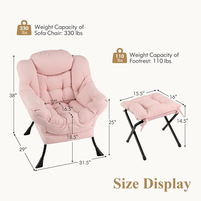 GORELAX Lazy Chair with Ottoman Modern Accent Chair w/Armrests &amp Side Pocket Upholstered Lounge Sofa Chair &amp Folding Footstool Set Reading Chair for Bedroom Living Room Dorm Room (Plush P