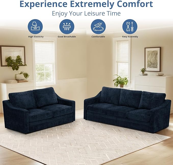 67” Chenille 2-Seat Sofa w/Comfortable Back Cushions Modern Love Seat w/Deep Seat Space Upholstered 2 Seater Couch w/High Resiliency Foam for Living Room Office Blue