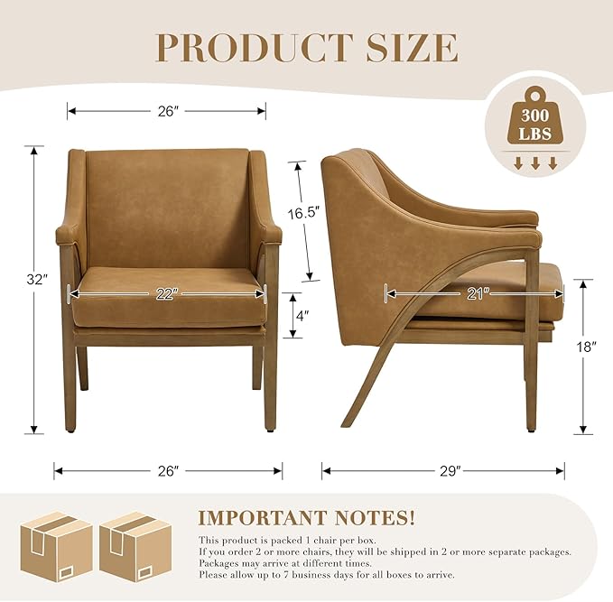 Mid Century Modern Accent Chairs Set of 2 with Barrel Back Upholstered Armchair Comfy Reading Chairs with 4 Thick Cushion Solid Wood Legs for Living Room/Bedroom/Reading Corner PU Fabric Brown