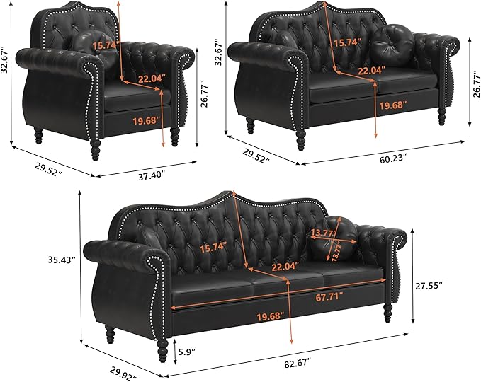 AVZEAR Chesterfield 2-Piece Living Room Sectional Sofa Set Mid-Century Modern Upholstered PU Sofa Couch Classic Tufted Button Sofa with Nailhead Trim for Living Room Office (2+3 Seat Black)