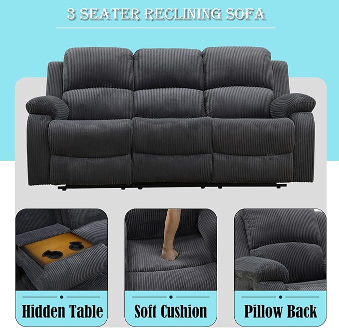 Fabric Recliner SofaReclining Sofa for Living Room Furniture SetsDark Gray Wall Hugger Recliner Couch with Hidden Table/Cup Holders for Living Room/Theater Seating(3 Seater Sofa)