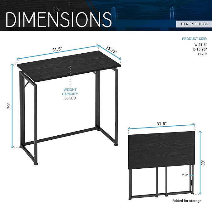 31.5 Wide Folding Desk for Small Spaces Compact Folding Table for Bedroom Apartment Study or Dorm Ideal for Living Room TV Dinners Side Table Use Laptop Desk No Assembly Required Black
