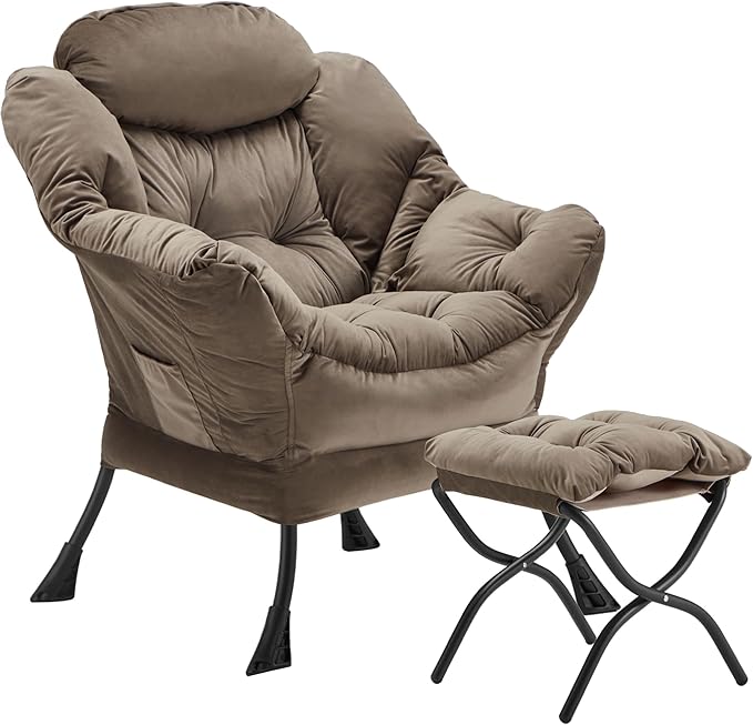 Lazy Chair with Folding Ottoman Accent Chair Velvet Upholstered with Metal Structure and Non-Slip Pads Sofa Armchair with Footrest and Side Storage Bag for Dorm Room Office Dark Gray