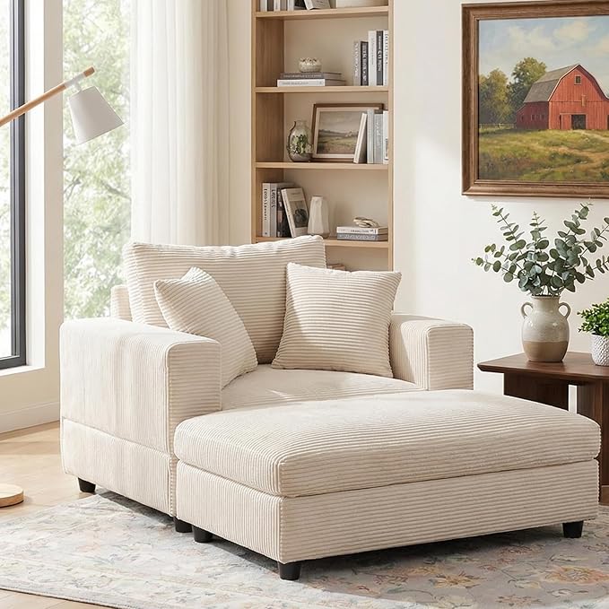 Chaise Lounge Chair Indoor54 Inch Large Corduroy Chaise Lounges Chair with Ottoman &amp 3 Pillows Deep Seat Upholstered Comfy Sleeper Chairs for Living RoomBedroomOffice (Beige)
