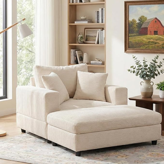Chaise Lounge Chair Indoor54 Inch Large Corduroy Chaise Lounges Chair with Ottoman &amp 3 Pillows Deep Seat Upholstered Comfy Sleeper Chairs for Living RoomBedroomOffice (Beige)