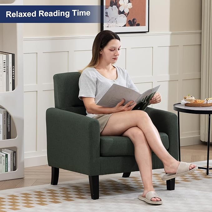 Accent Chair Mid Century Modern Living Room Chairs Comfy Reading Chair with Upholstered Cushion Relax Armchair for Bedroom ApartmentOffice Green