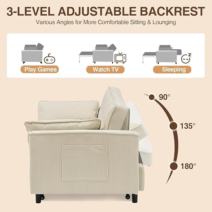 3 In 1 Corduroy Convertible Sofa BedPull Out Couch Bed with Reclining Backrest And 2 Pillows 54 Full Size Loveseat Sleeper Sofa Futon Couch Bed Couches For Small Spaces Living Room (Beige)