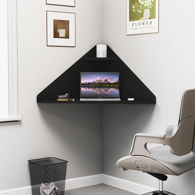 GOFLAME Floating Corner Desk Wall Mounted Triangular Computer Desk w/Storage Shelf Space-Saving Design 90° Wooden Floating Home Office Desk for Writing Working Studying (Black)