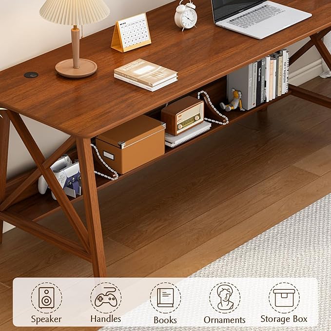Extra Long Desk with Bookshelf - Wooden Home Office Work Study Table 2-Person Writing Computer Workstation with Storage Shelf in Walnut 63 Wx24 Dx30 H