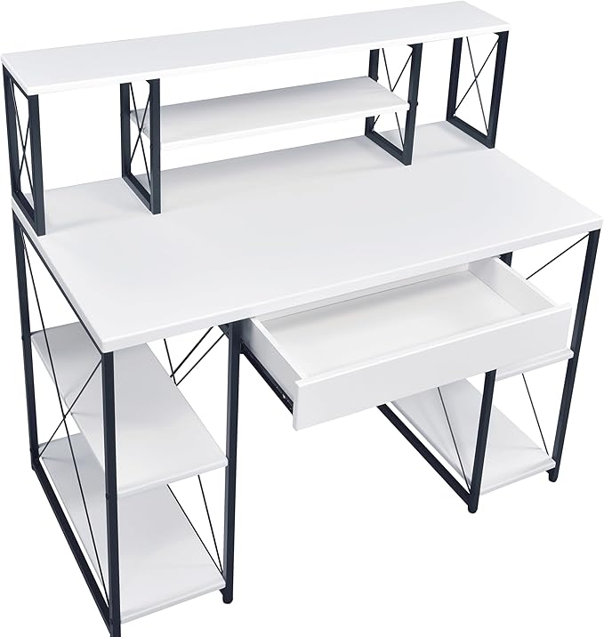 White and Black Office Desk with Open Shelves