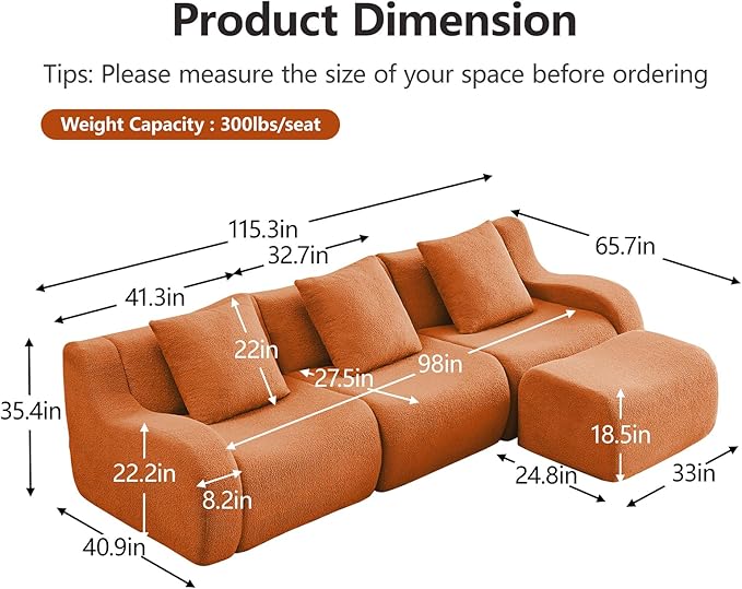 Orange L-Shaped Cloud Couch with 1 Ottoman Modern Teddy Fabric Boneless Sectional Sofa in a Box Modular Floor Sofa for Living Room Deep Seat No Assembly Required Sofas para Sala