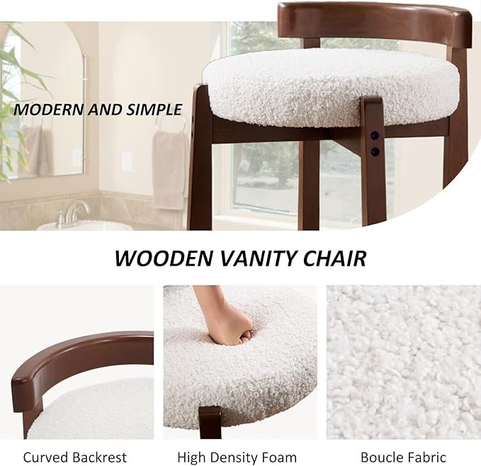HEAH-YO Wood Vanity Chair with Back Set of 2 Sherpa Upholstered Small Ottoman Footstool Mid-Century Modern Makeup Chair with Solid Wood Legs for Makeup Room Bedroom Living Room White