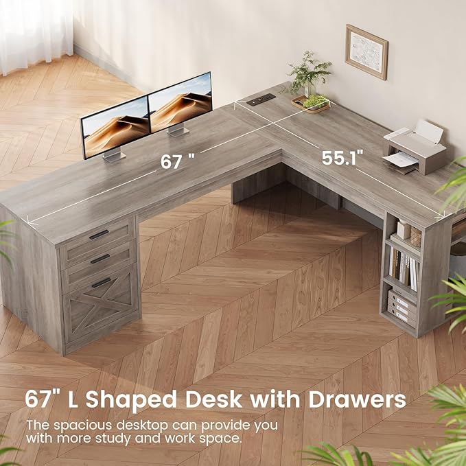 SEDETA Farmhouse 67 L Shaped Desk with 3 Drawers Executive Desk Home Office Desks with Storage Shelves Corner Computer Desk with Power Outlets for Home Office Grey