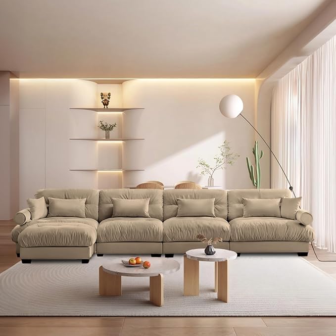 166 Modern Oversized Modular Sectional Sofa 4-Seater L-Shaped Cloud Sleeper Couch with Ottoman Pillows and Overthick Cushion for Living Room Home Theater ApartmentVelvet Camel