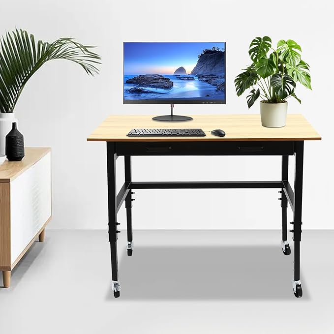 Mobile Standing Desk with Power Outlet Adjustable Height Rolling Workbench 2 Tier Computer Laptop Desk with Lockable Universal Wheels for Home Office Garage Easy to Assemble