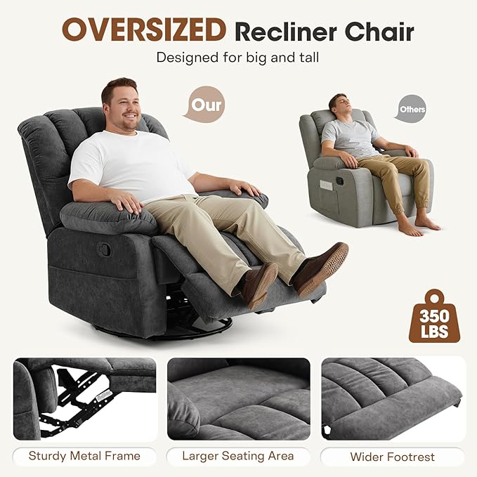 COOSLEEP Oversized Manual Swivel Rocker Recliner Chair Extra Wide Glider Rocker Recliner for Big and Tall Overstuffed Lazy Recliner Chair with High Back Single Sofa Chair for Living Room(Dark Gray)