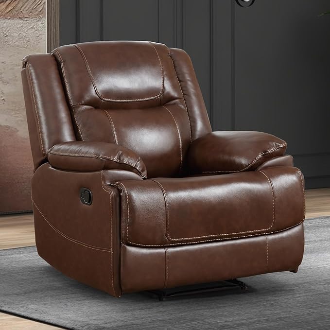 EBELLO Genuine Leather Recliner Manual Chair for Living Room 1 Seater Reclining Sofa Chair with Headrest and Armrest Modern Durable Home Furniture for Small Space Meeting Room Vintage Brown