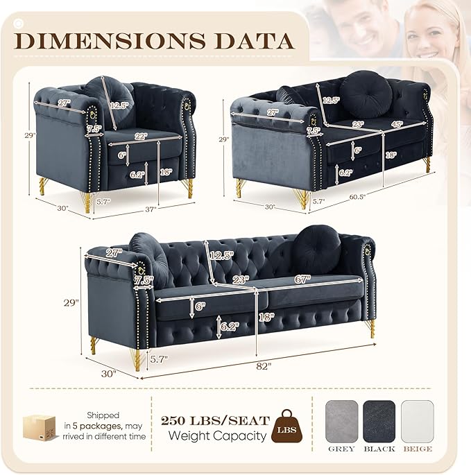 3 Pieces Chesterfield Sofa Set Velvet Mid Century Modern Loveseat Sofa with Button Tufted &amp Rivet Comfy 3-Seater Couch with Armrest Ring Cloud Chair for Living Room(37 W + 60.5 W + 82 W Bla