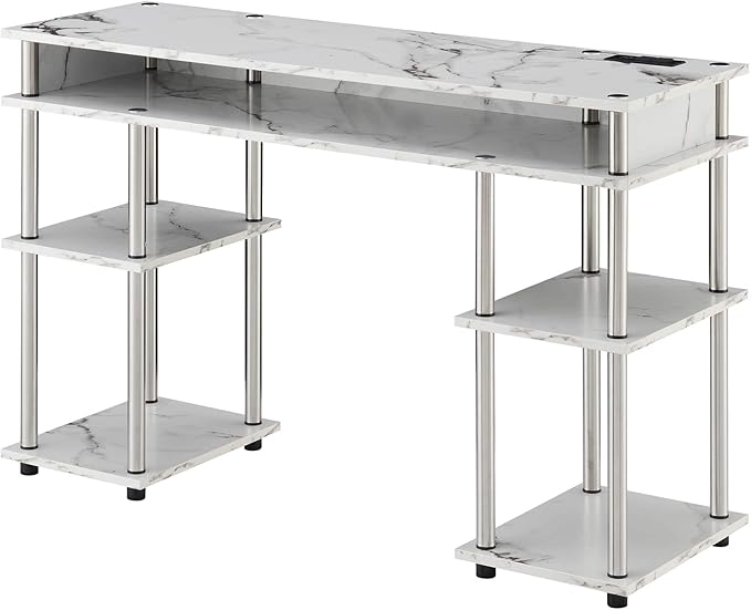 Convenience Concepts Designs2Go No Tools Student Desk with Charging Station and Shelves White Marble