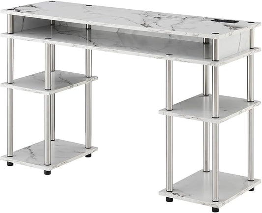 Convenience Concepts Designs2Go No Tools Student Desk with Charging Station and Shelves White Marble