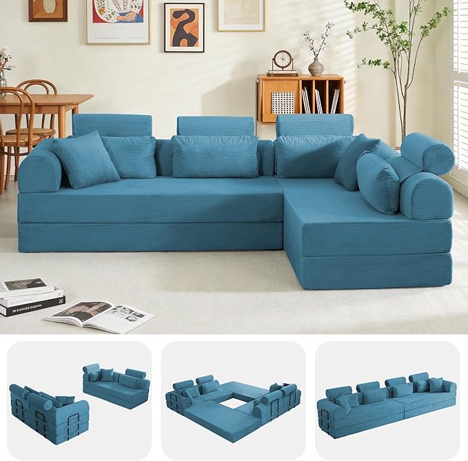 106” Cloud Sectional Couch L-Shaped Sofa with Right Facing Chaise Corduroy Boneless Couches Compressed Modular Sectional Sofa with Deep Seat High Backrest Headrest (Azure)