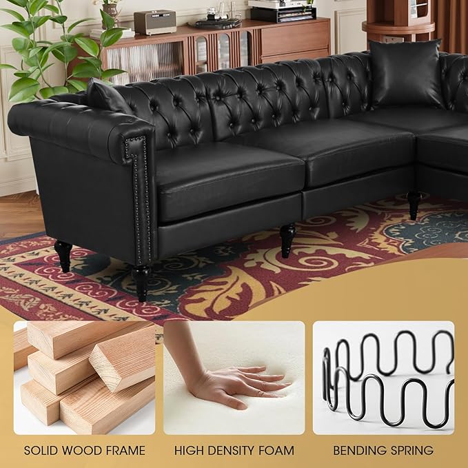 99.4 X 99.4 L Shaped Couch Faux Leather Sectional Couch with Three Pillows Chesterfield L Shaped Sofa 5 Seat PU Leather Sectional Couches for Living Room Black
