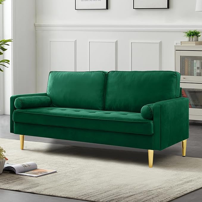 67 Modern Loveseat Sofa Velvet Sofa Comfortable Plush Upholstered 2-seat Sofas Solid Golden Legs Couch for Small Space for Bedroom Living Room ApartmentOffice (Green)