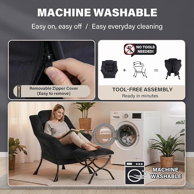 Lazy Chair and Ottoman Black Velvet Large Accent Chair with a Side Pocket Modern Leisure Upholstered Sofa Reading Armchair with Footrest for Office Bedroom Living Room Dorm Rooms Balcony