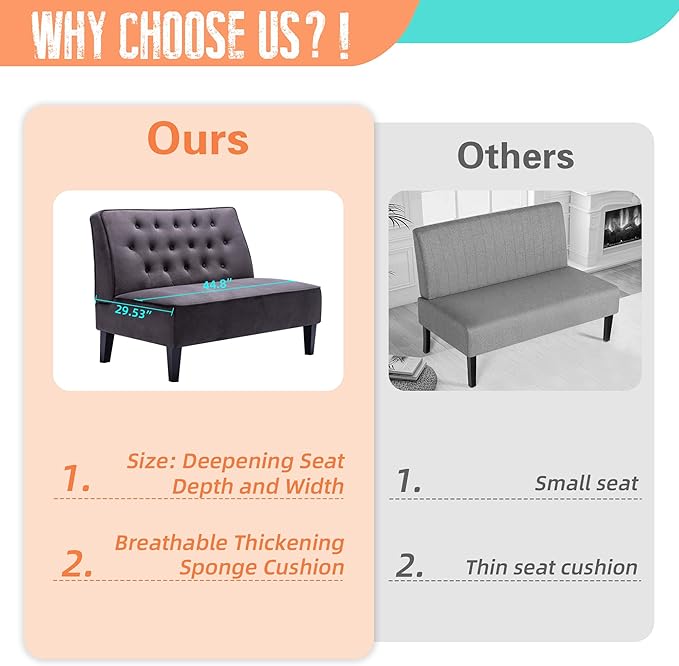 Alunaune Upholstered Loveseat Couch for Living Room Armless Bedroom Settee Small Love Seat Sofa Tufted Button Dining Room Bench - Dark Grey