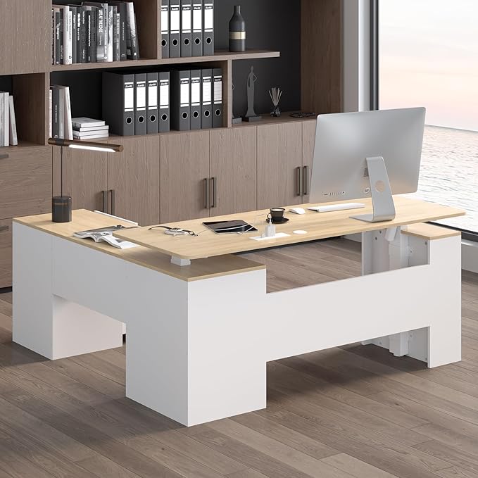 JOMEED 63 L Shaped Electric Standing Desk with Storage Executive Adjustable Height with Power Outlets and Privacy PanelOak and White