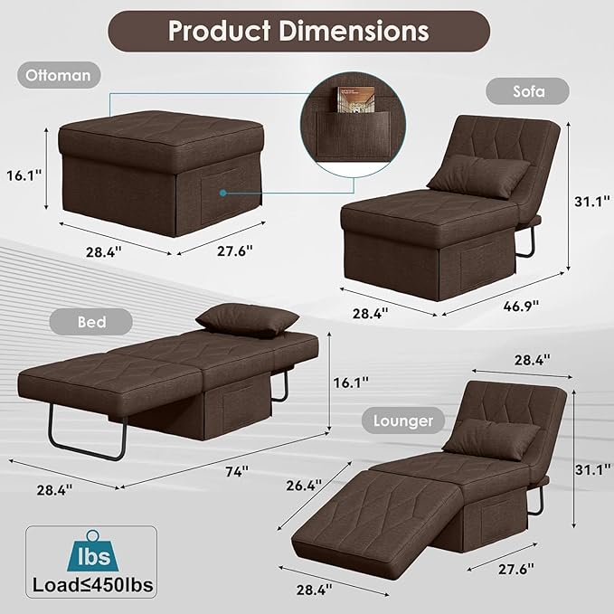 Convertible Sofa Bed with 5-Level Adjustable Backrest 74 D x 28 W 4-in-1 Folding Ottoman Sleeper Chair Bed Modern Single Futon Couch for Living Room Apartment Dorm Small Space Dark Brown