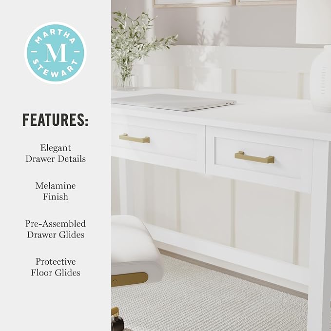 Martha Stewart Hutton Shaker Style Home Office Desk with 3 Drawers in White with Polished Brass Hardware