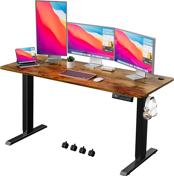 Shahoo Electric Standing Desk 60 Inch Ergonomic Height Adjustable Table with T-Shaped Metal Bracket Modern Computer Workstations for Home Office Rustic Brown 60 x 24 Inch