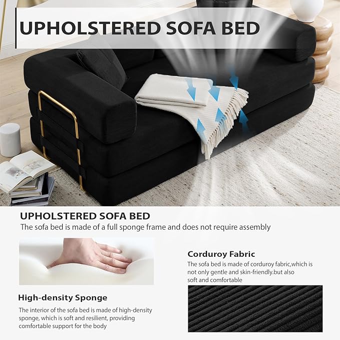 4-in-1 Folding Convertible Sofa Bed 78 Inch Boneless Couch with Fixed-Shape Frame Corduroy Loveseat Sleeper with Pull Out Bed Floor Sofa Modular Futon Couch for Living Room Bedroom Lounge (Black)