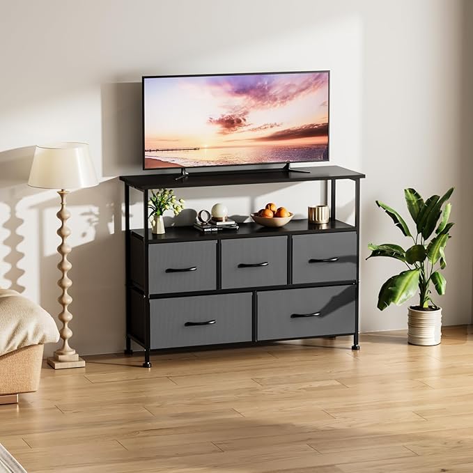 Simple Deluxe TV Stand Dresser for Bedroom Entertainment Center with 5 Fabric Drawers Storage Organizers Units for Living Room Media Console Table with Open Shelf up for 45 TV Gray Wood top