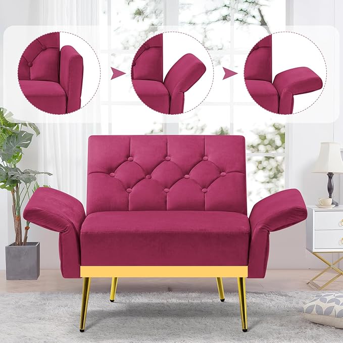 Velvet Accent Chair w/Adjustable Armrests and Backrests Tufted Single Sofa with Ottoman Upholstered Reading Chiar for Living Room Apartment Bedroom Fuchsia