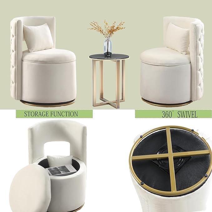 Swivel Barrel Chair 360° Swivel Vantiy Chair with Storage Modern Small Round Swivel Chair Velvet Curved Chair Accent Chair for Living Room Bedroom (Beige-Round)