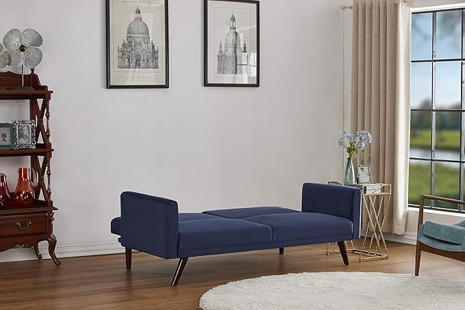 72 Retro Velvet Sofa Bed - Vintage Modern Convertible Futon w/Reclining Backrest - Velvet Upholstery on Solid Wood Frame (72 L x 34.6 W x 30.23 H) Dark Blue