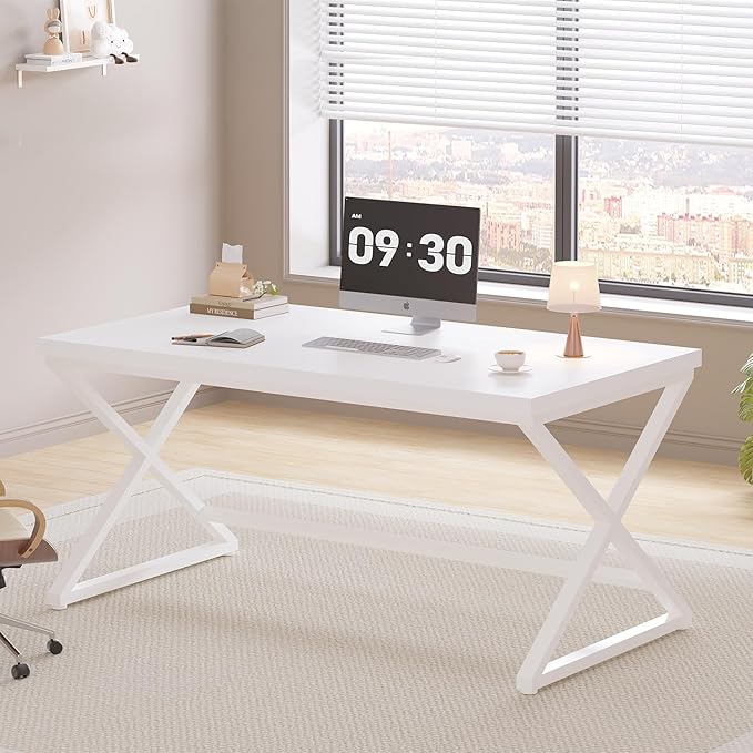 IBF White Computer Desk Modern Home Office Desk for Writing Work Study Simple Wooden Metal Pc Gaming Desk in Bedroom Executive Laptop Workstation Computer Table White Oak 55 Inch