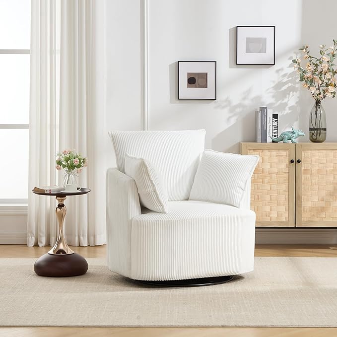 360° Swivel Accent Armchair Chair White Swivel Round Barrel Chair with 2 Pillows Upholstered Corduroy Accent Chairs for Living Room Bedroom Reading