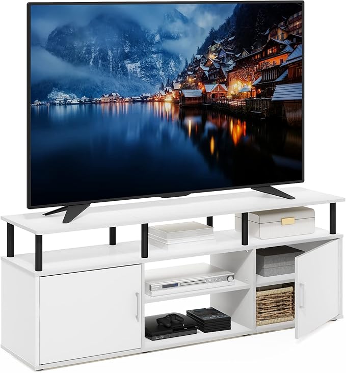 Furinno Jensen Entertainment Center Stand for TV up to 70 Inch Plastic Pole Solid White/Black