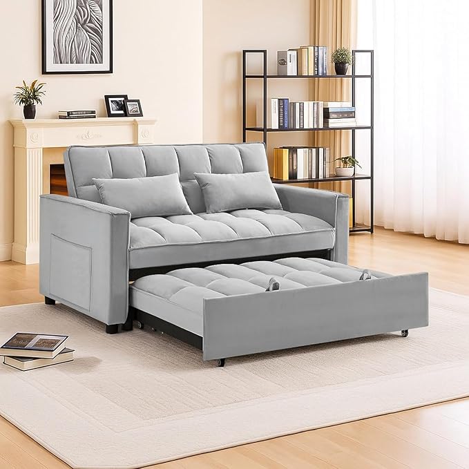 3 in 1 Convertible Sleeper Sofa BedFuton Couch with Pull-Out Bed &amp Adjustable BackrestVelvet Fabric Loveseat Sleeper with Side Pocket for Small Apartment Living Room Office (Light Grey) | Adju