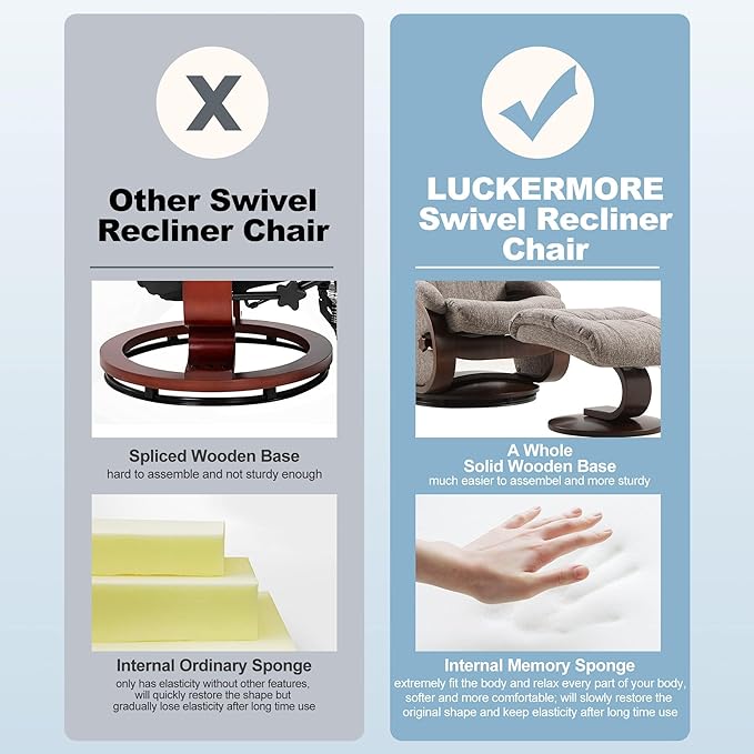 LUCKYERMORE Swivel Recliner Chair with Ottoman Matching Footrest A Whole Solid Wooden Base Memory Foam Filling Easy Assembly 360° Swivel Leisure Lounge Chair for Living Room Bedroom