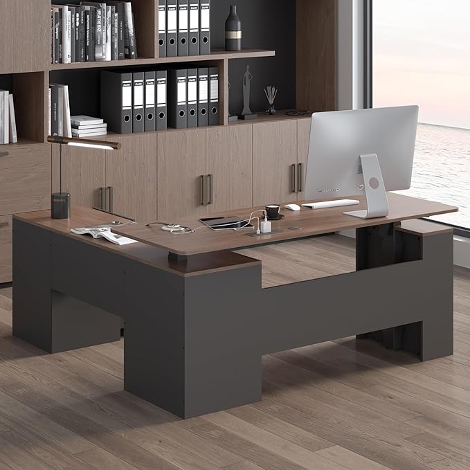 JOMEED 63 L Shaped Electric Standing Desk with Storage Executive Adjustable Height with Power Outlets and Privacy PanelBrown and Black