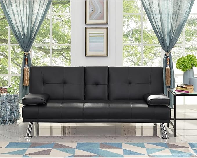 Naomi Home Low Profile Design: Convertible Folding Futon Sofa Bed Sleeper Couch for Living Room Faux Leather Upholstered Futon Sofa with Armrests Metal Legs 2 Cup Holders Black