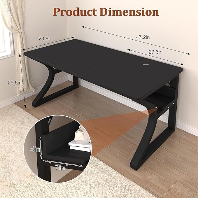 47'' Computer Desk w/Storage &amp Cable Management Home Office Desk w/Sturdy U-Shaped Metal Frame &amp Water-Resistant Scratchproof Surface Study Writing Desk for Office &amp Bedroom Black