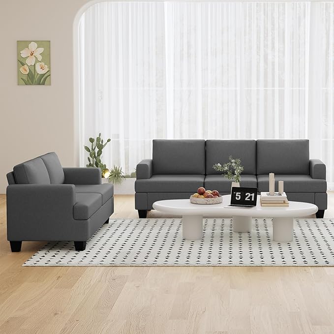 Furnimart Modern 3 Seater Couch and Loveseat Sets Couches Set of 2 for Living Room Deep Seat Sectional Sofa and Love Seat Set Dark Grey