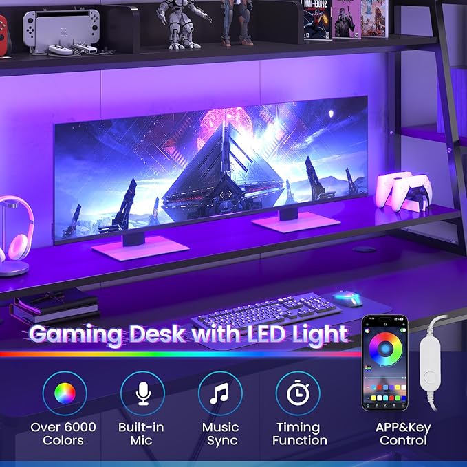 SEDETA Gaming Desk 78.8'' with LED Lights Hutch and Storage Shelves Computer Desk with Monitor Stand Large PC Gamer Desk Workstation Ergonomic Gaming Table for Bedroom Living Room Black