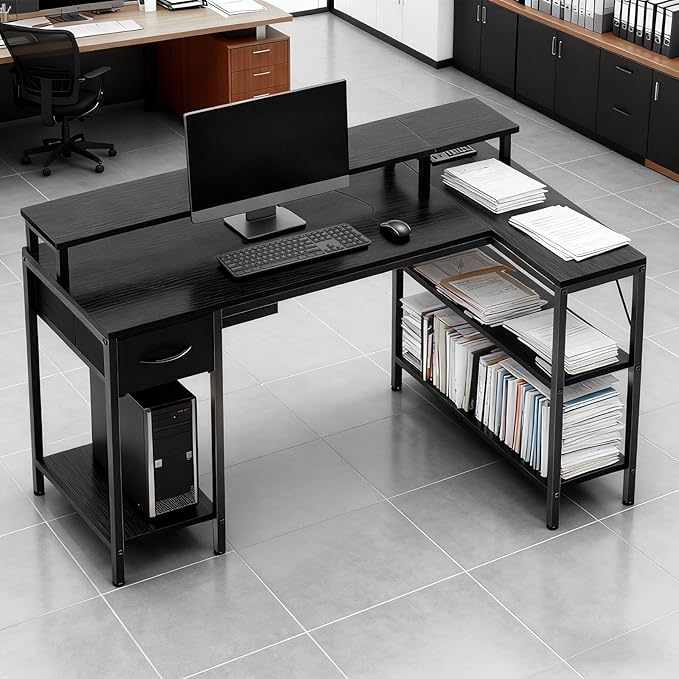 Simple Deluxe 47-inch L-Shaped Gaming Desk with LED Lights &amp Power Outlets Reversible Corner Computer Desk with Monitor Riser Drawer &amp Shelves for Home Office Black