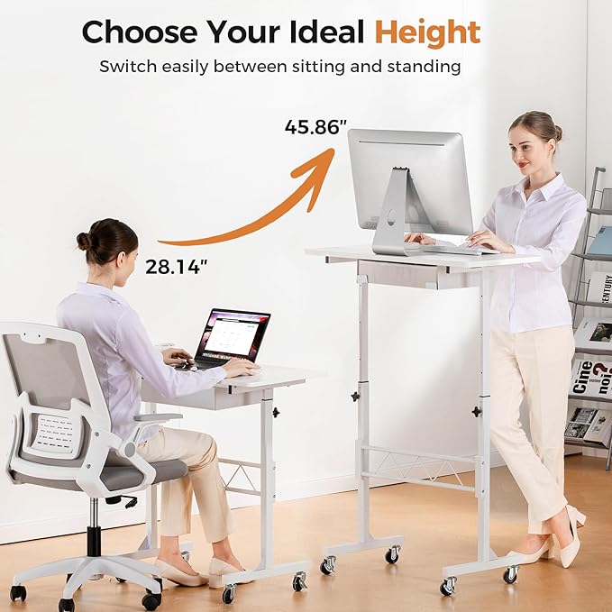 GTPLAYER Small Mobile Standing Desk 32In Wide Adjustable Height Stand Up Desk for Home Office Portable Sit Stand Rolling Computer Desk with Wheels Storage Drawer and Slot Carbon Fiber Style White
